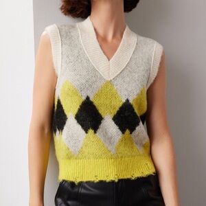 All Saints V-Neck Argyle Sweater Vest in Yellow and Black
